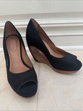 Corso Como Black Suede Peep Toe Wedges with Wood-Look Heel